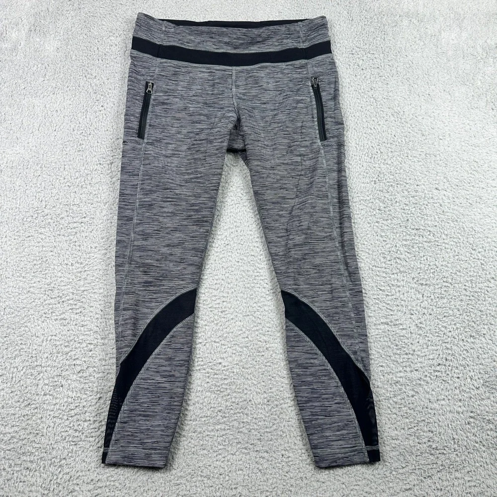 Lululemon Speed Up Leggings Womens 10 Black White Space Dye Stripe Mesh‎ 25